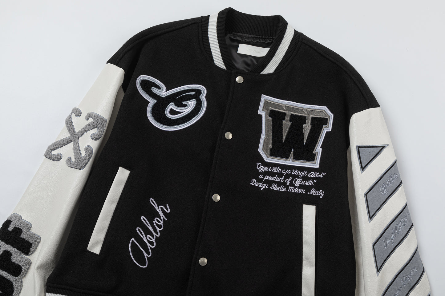 OFF WHITE embroidered leather baseball jacket S26