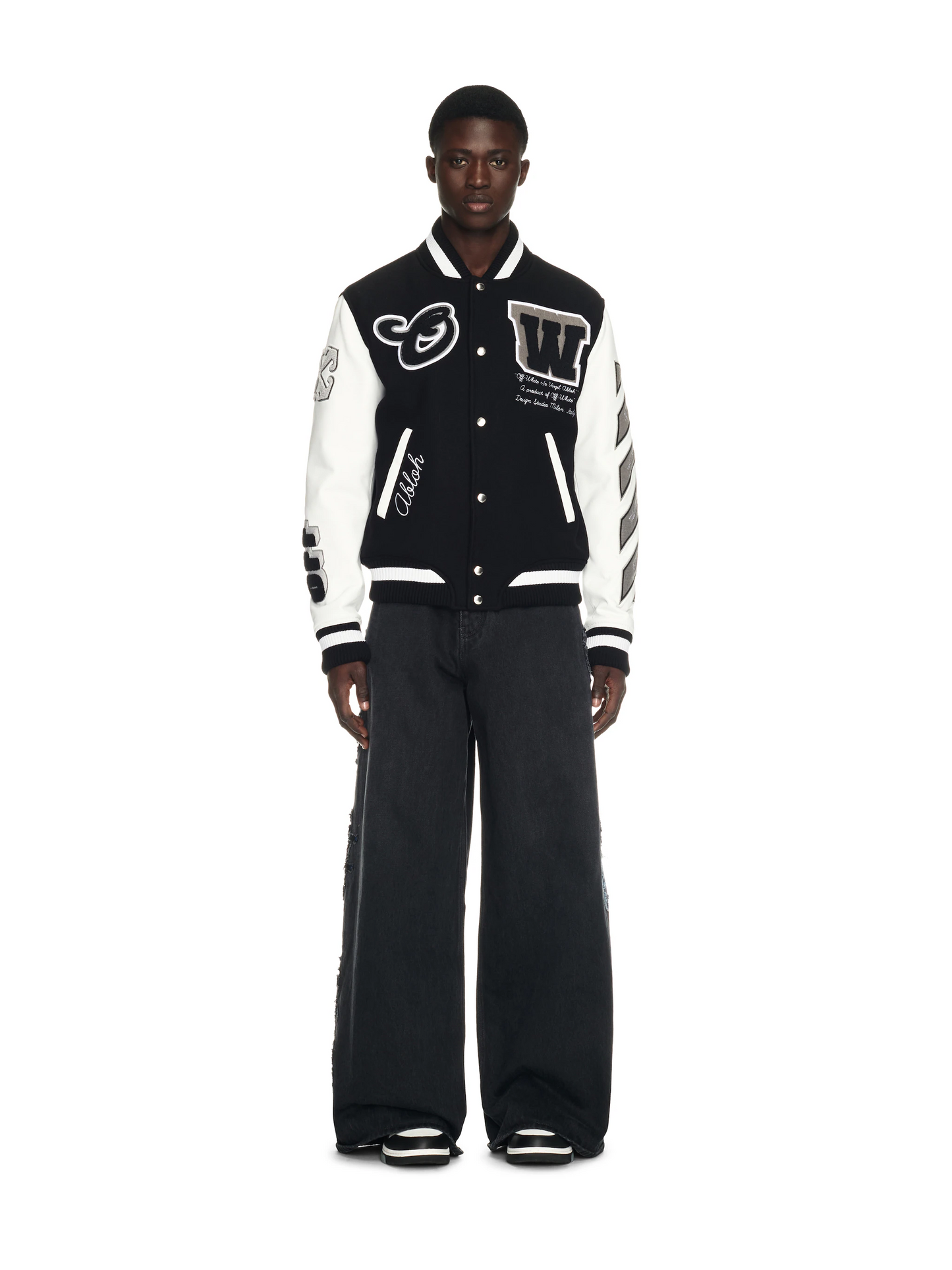 OFF WHITE embroidered leather baseball jacket S26