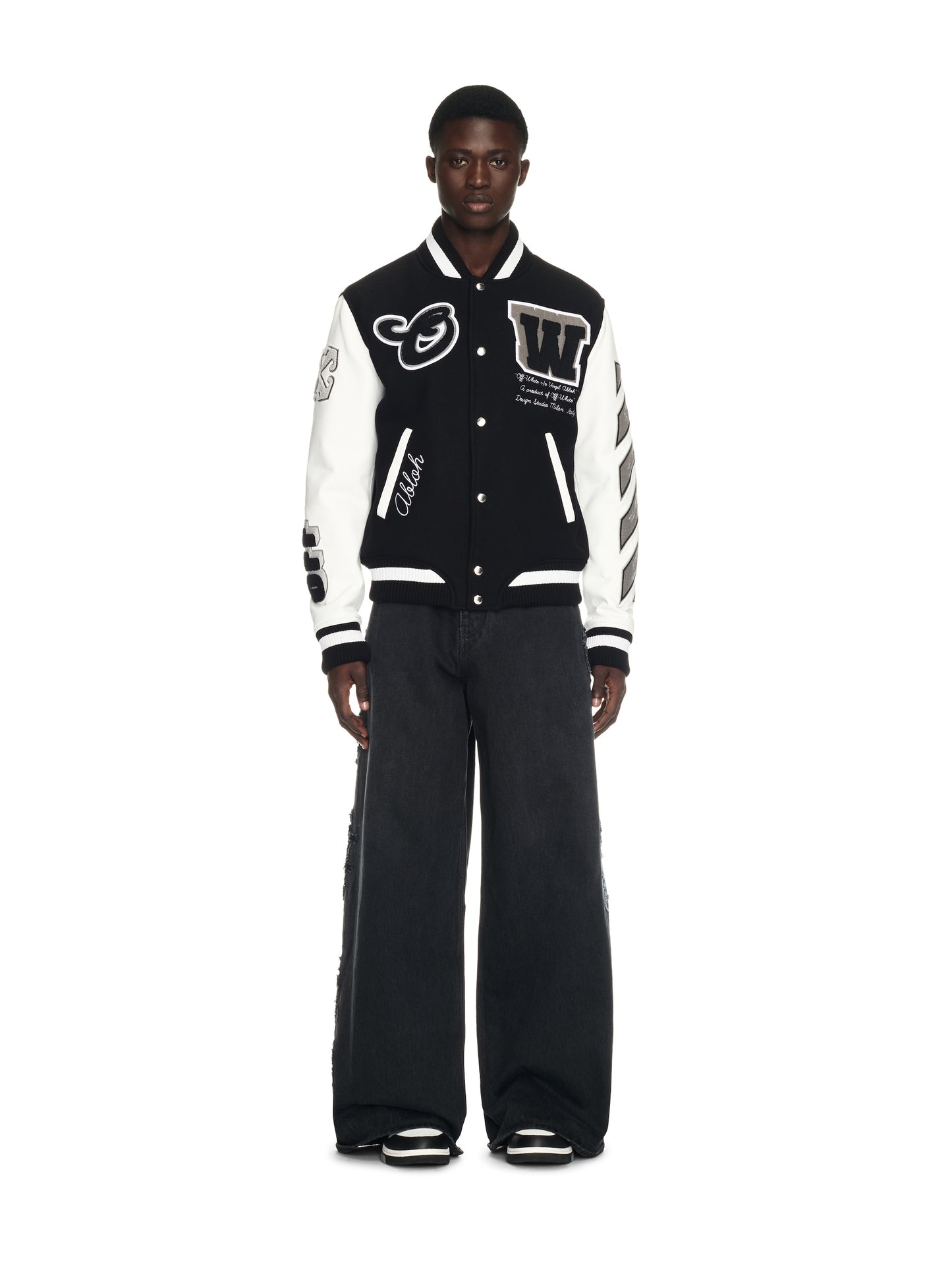 OFF WHITE embroidered leather baseball jacket S26